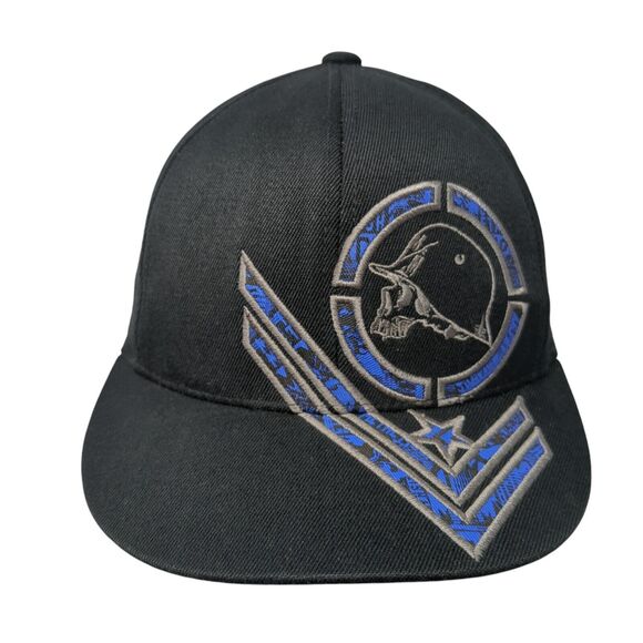 Metal Mulisha Fitted Hat Black Embroidered Skull Helmet Logo FlexFit Vintage - Picture 1 of 8